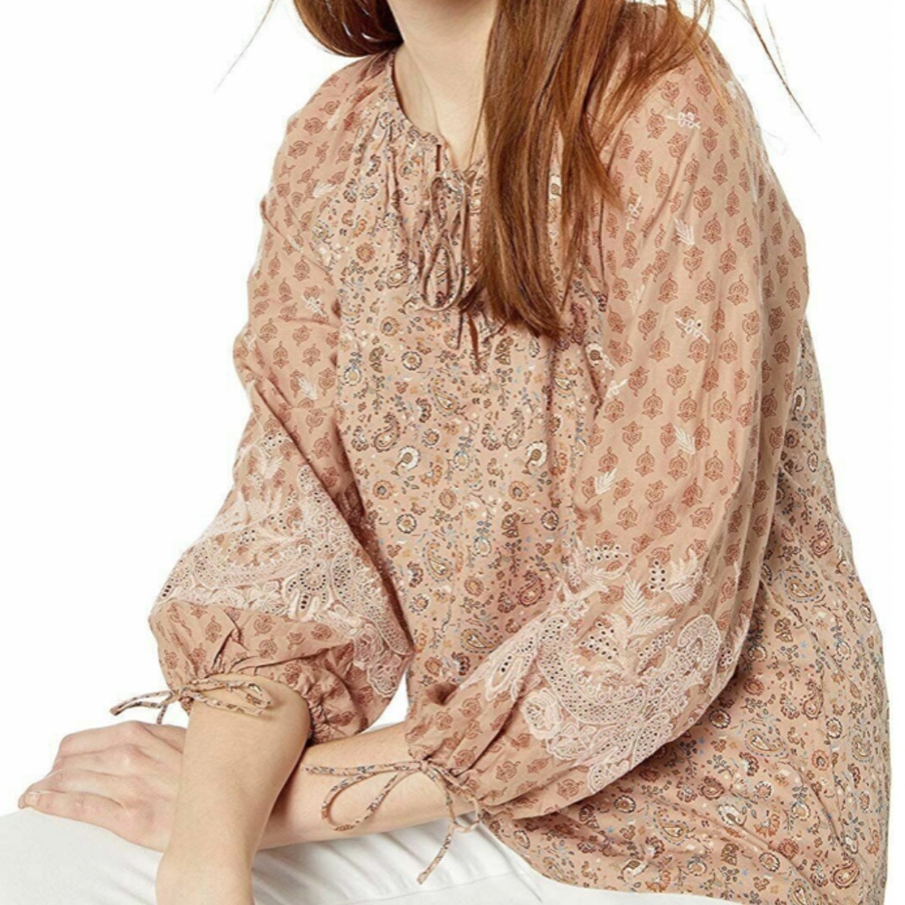 NWOT Lucky Brand Embroidered Sleeve Peasant Cotton Top. S - Picture 2 of 6